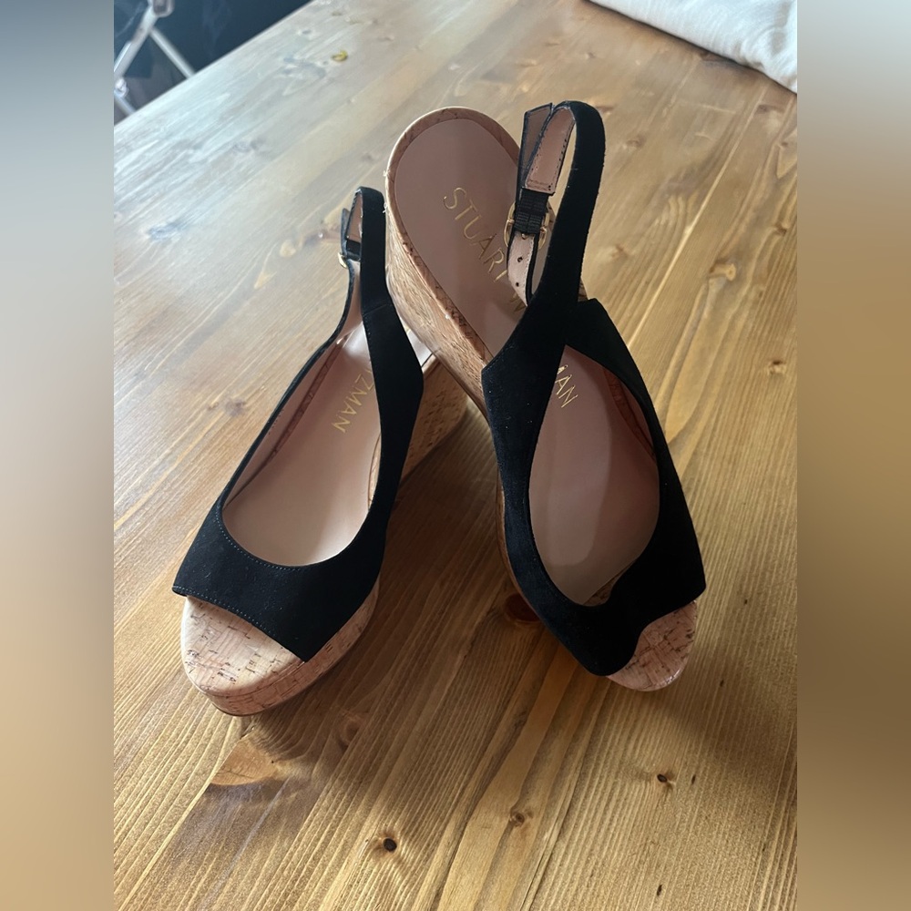 Stuart Weitzman Black and Tan Wedge Sandals